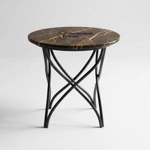 Taburete de Lujo con Tapa Redonda de Mármol Oscuro y Patas Curvas de Metal Negro, Mesa Auxiliar Decorativa Moderna para Hotel y Hogar - Product Image 1