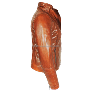 Vestes en cuir pour femmes en peau de mouton véritable à col haut, marron foncé, faites à la main - Product Image 4