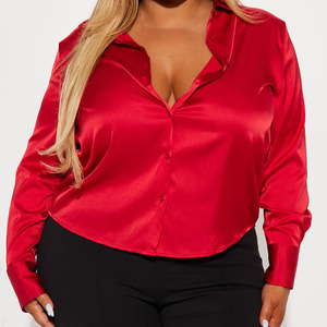 Hot Selling Summer Women's <b>Red</b> Satin Button Down Shirt Full Sleeve V- Neck Office Siren Blouse Elegant Work Dress Shirt - Product Image 3