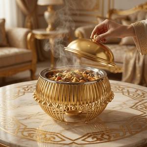 Plat de service de luxe rond en acier inoxydable doré avec boule latérale suspendue, élégant support de buffet pour réchaud de table - Product Image 5