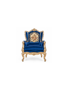 Fauteuil en velours capitonné de style victorien avec structure en bois doré, design antique pour meubles de salle à manger - Product Image 1