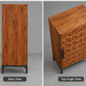 Gabinete Alto de Madera Estilo Mid-Century Moderno Sunwoodd Expo con Puerta Tallada Geométricamente y Patas de Hierro - Product Image 3