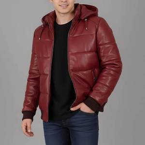 Cart Men's Maroon Hooded Puffer <b>Jacket</b> Leather <b>Zipper</b> Closure Outerwear - <b>Jacket</b> Maroon Leather - Product Image 2