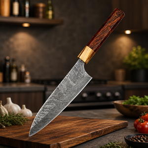 Cuchillo de Chef Moderno Forjado a Mano, Ecológico, de Acero de Damasco, con Mango de Madera de Palisandro y Funda de Cuero, Longitud de Hoja de 8-9.9 Pulgadas - Product Image 1