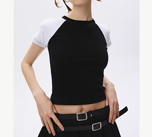 Women's Blue White Color Block American Raglan Sleeve Crop Top Crew Neck Slim Fit Sporty Short Sleeve Knitted T-<b>Shirt</b> Summer - Product Image 5