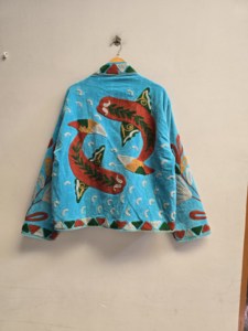 Turquoise <b>Velvet</b> Suzani <b>Jacket</b> <b>for</b> <b>Women</b> Handmade Tropical Fish Embroidery Boho Ethnic Coat Wholesale Designer Outerwear Export - Product Image 2