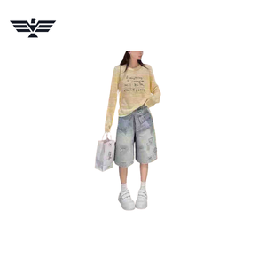 High Waist Stonewashed <b>Denim</b> Cargo Pants Ripped Loose Fit Summer Casual Wear Cotton Woven Fabric - Product Image 2