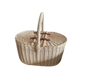 Luxury Whitewash Woven <b>Wicker</b> Picnic <b>Basket</b> Oval Natural Rattan Food <b>Storage</b> Hamper Leather Hinges Family Camping Activity Case - Product Image 1