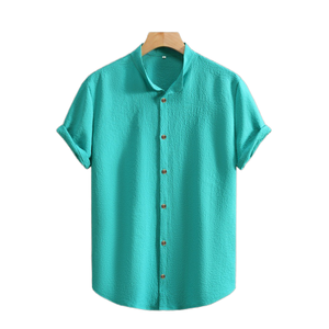 เสื้อเชิ้ตผู้ชายแขนสั้นผ้าฝ้ายลินินถักแบบใหม่สำหรับฤดูร้อน กระดุมแถวเดียว คอปก สีพื้น สไตล์ลำลอง ไซส์ XL - Product Image 4