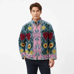 Veste en velours de coton tricoté réversible pour femmes Sujani, logo personnalisé, col mandarin matelassé, broderie à la main, manches longues - Product Image 3