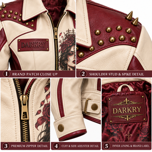 Chaqueta de Cuero Roja y Blanco Hueso Personalizada para Mujer con Estampado de Calavera y Rosas, Estilo Biker, Proveedor de Servicios OEM ODM - Product Image 6
