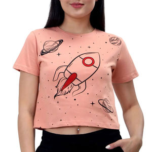 T-shirt court en jersey décontracté pour femme, col rond, manches courtes, imprimé fusée, coupe ajustée, 100 % coton, printemps-été - Product Image 2