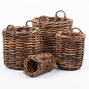 new modern minimalist wholesale set of four natural rattan woven <b>storage</b> <b>baskets</b> rustic round <b>wicker</b> organizer bins with handles - Product Image 1