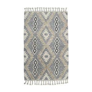 Tapis en laine tissé à la main beige crème à tissage plat avec motif losanges en relief, géométrique noir, style bohème, à franges, écologique et sans produits chimiques - Product Image 6