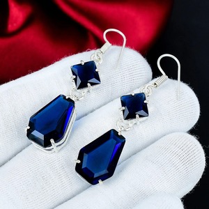 Boucles d'oreilles en saphir bleu, argent sterling 925, boucles d'oreilles pendantes et tombantes bleu marine faites à la main, bijoux en pierre bleue - Product Image 2