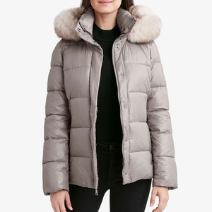 Women's Taupe Quilted Puffer Jacket With Fur Trim Hood Full Sleeve Winter Warm <b>Coat</b> <b>Zipper</b> Closure Regular Length - Product Image 6