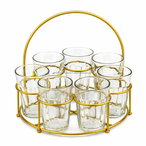 Ensemble de verres à thé indiens bohèmes avec support en métal doré - Product Image 1