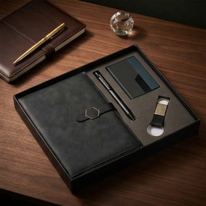 Ensemble de agenda exécutif relié en cuir synthétique noir Aurelux A5 multicolore avec stylo, porte-clés, logo personnalisé, cadeau d'entreprise pour le bureau - Product Image 3