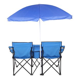 Chaise de camping pliante portable pour 2 personnes avec parasol amovible en alliage d'aluminium bleu - Product Image 2