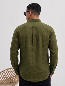 Chemise décontractée homme vert olive en lin/coton, double boutonnage, manches longues, col rabattu, couleur unie, respirante, tissée, pour l'été - Product Image 2