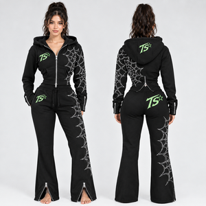 Women's 2 Piece Polyester/Cotton Loose Fit Tracksuit Set <b>Cropped</b> Zip Hoodie Wide Leg Sweatpants Side Stripe Sporty <b>Jogger</b> Black - Product Image 5