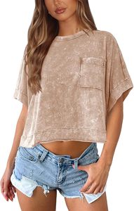 เสื้อครอปท็อปคอกลมแขนสั้นลายมัดย้อมผ้าฝ้ายทรงหลวมสบายๆ มีกระเป๋าเสื้อ ดีไซน์สำหรับฤดูใบไม้ผลิและฤดูร้อน รับผลิตแบบ OEM ODM - Product Image 4