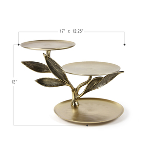 Exquisite Three-Tiered Gold Cake Stand Featuring Multiple Round Platters And An Artistic Branch Structure With Detailed Leaves - Product Image 2