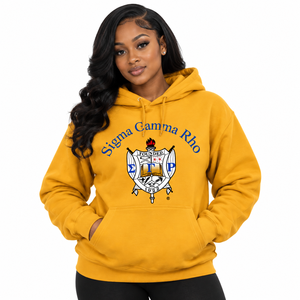 Women Golden <b>Yellow</b> Pullover <b>Hoodie</b> with Royal Blue Letter and Multicolor Crest Graphic Design Long Sleeve Hooded Sweatshirt - Product Image 1