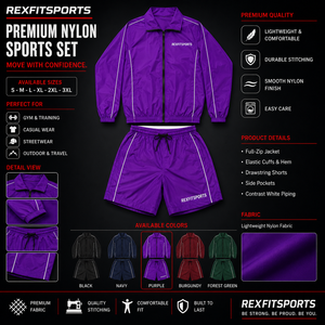 REXFIT SPORTS 2026 Ensemble survêtement léger pour homme, veste et short en nylon violet, fermeture éclair intégrale, idéal pour la gym, l'entraînement et le streetwear - Product Image 1