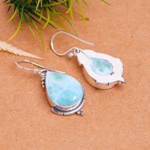 Boucles d'oreilles pendantes en larimar, argent sterling 925, pierre précieuse en forme de poire, bijoux faits à la main, cadeau de luxe pour femmes - Product Image 2