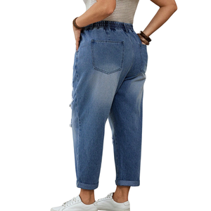 Womens Light Blue Denim Jogger <b>Jeans</b> Breathable <b>Elastic</b> <b>Waist</b> Star Patch Ankle Length Casual Straight Leg Washed Pants Spring - Product Image 2
