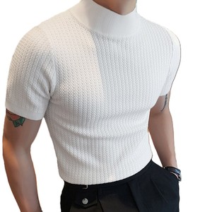 <b>Men's</b> Summer Short Sleeve Knitted Solid Half <b>Turtleneck</b> <b>Sweater</b> Pullover Slim Fit Red Acrylic Top - Product Image 2