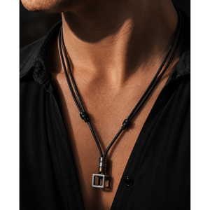 Vintage Alloy Cubical Pendant with Adjustable Black Leather Cord Necklace for Men - Product Image 1