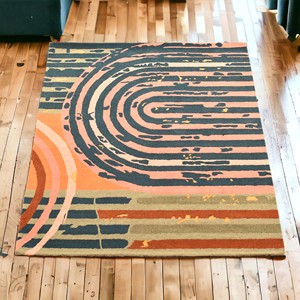 Tapis moderne en laine et viscose tufté à la main, motif géométrique abstrait rayé, blanc crème gris clair, à boucles haute densité - Product Image 2