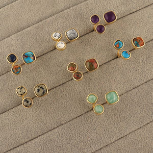 Multi gemstone party wear women's fashion <b>ring</b> dendrite opal smooth gemstone double layered <b>thin</b> band gold plated collet <b>rings</b> - Product Image 4