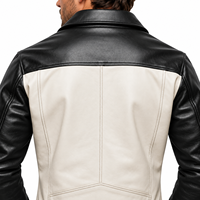 Blouson moto en cuir véritable noir et crème pour homme, col rabattu, fermeture éclair, coupe ajustée, manches classiques, couleur unie, automne