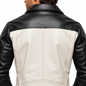 Chaqueta de moto de cuero genuino para hombre, color negro y crema, con cuello vuelto, cierre de cremallera, corte ajustado, manga regular, color sólido, para otoño. - Product Image 6