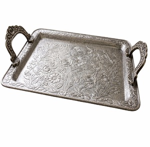 Premium Meena Design Round <b>Serving</b> <b>Tray</b> <b>Gold</b> Finish Decorative Tea <b>Tray</b> with Handles - Product Image 3