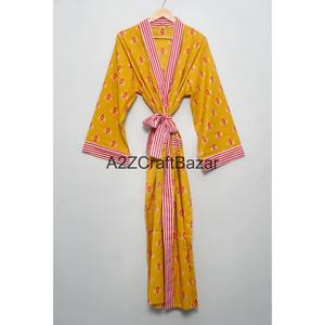 Bata Kimono de Algodón Suave para Mujer con Estampado Artesanal, Cuello en V, Manga Tres Cuartos, Largo Completo, Cierre con Cordón, Transpirable y de Secado Rápido - Product Image 3
