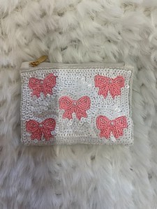 Handmade Sequined <b>Purse</b> With <b>Pink</b> Bow Design Rectangular Shape White Zipper Pouch - Product Image 3