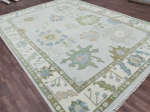 Tapis en laine noué à la main, tapis de style floral transitoire avec bordure verte, style nœuds persans, tapis pastel pour salon - Product Image 4