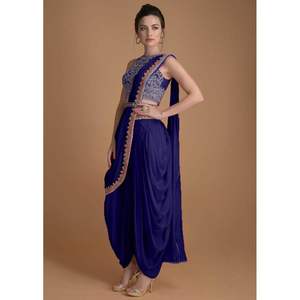 ชุดส่าหรีงานปักผ้าซิ่นผ้าจอร์เจียแฟนซีเสื้อเบลาส์สีน้ำเงินเข้ม - Product Image 1