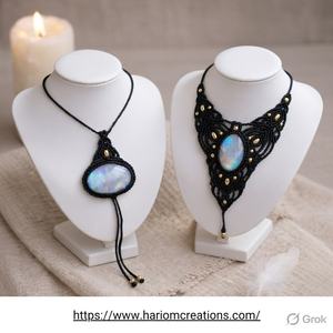 Collar de Macramé Negro Hecho a Mano con Piedra Lunar, Ajustable, Estilo Boho, con Colgante de Cabujón de Piedra Preciosa, Joyería de Cuerda, Regalo para Mujer - Product Image 3