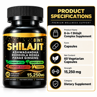 Capsules de complexe Shilajit 8-en-1 15250mg avec Ashwagandha, Rhodiola, Ginseng, Ginkgo, Curcuma, 60 capsules végétales, étiquette privée OEM
