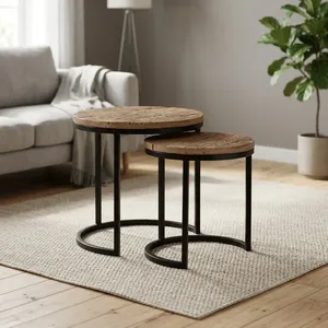 Modern Nested Wood <b>Side</b> <b>Tables</b> Minimalist Design Black Metal Frame Living Room Furniture Wooden iron Nesting <b>set</b> - Product Image 5
