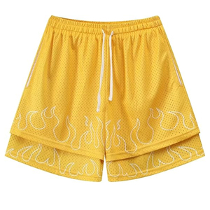 Pantalones Cortos Deportivos de Malla Amarilla para Hombre con Bordado de Llamas, Cintura con Cordón Ajustable, Transpirables e Informales - Product Image 1