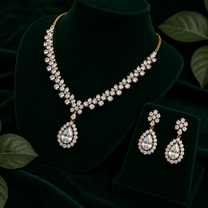 Ensemble collier et boucles d'oreilles en or jaune massif 18 carats avec diamants de laboratoire taille poire motif floral, parure de bijoux de mariage pour femme - Product Image 2