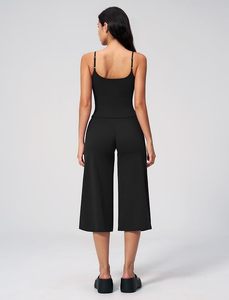 Mono negro sin costuras con tirantes finos, cuello cuadrado, cintura alta, pantalón culotte, sin mangas, color liso, conjunto de yoga - Product Image 2