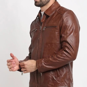 Chaqueta de Invierno de Cuero Genuino Marrón para Hombre, Cierre de Cremallera, Color Sólido, Corte Ajustado, Ropa Casual de Calle, a la Moda - Product Image 5