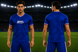 Ensemble uniforme de football pour homme SHH Industries, maillot imprimé bleu à col en V, short en mesh, taille élastique, respirant, 100% polyester - Product Image 5